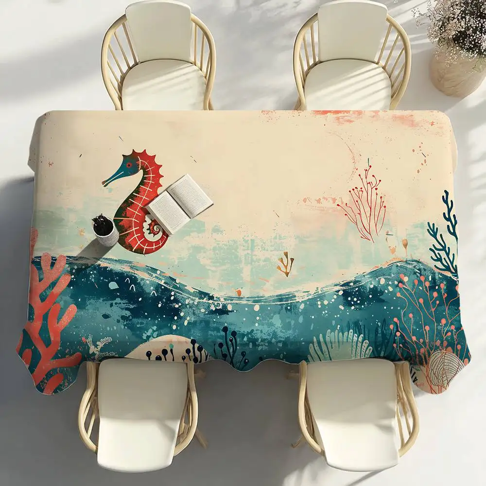 Vintage Seahorse Table Cloth Party Decor Dining Room Home Kitchen Patios Waterproof Stain-Proof Table Cloth