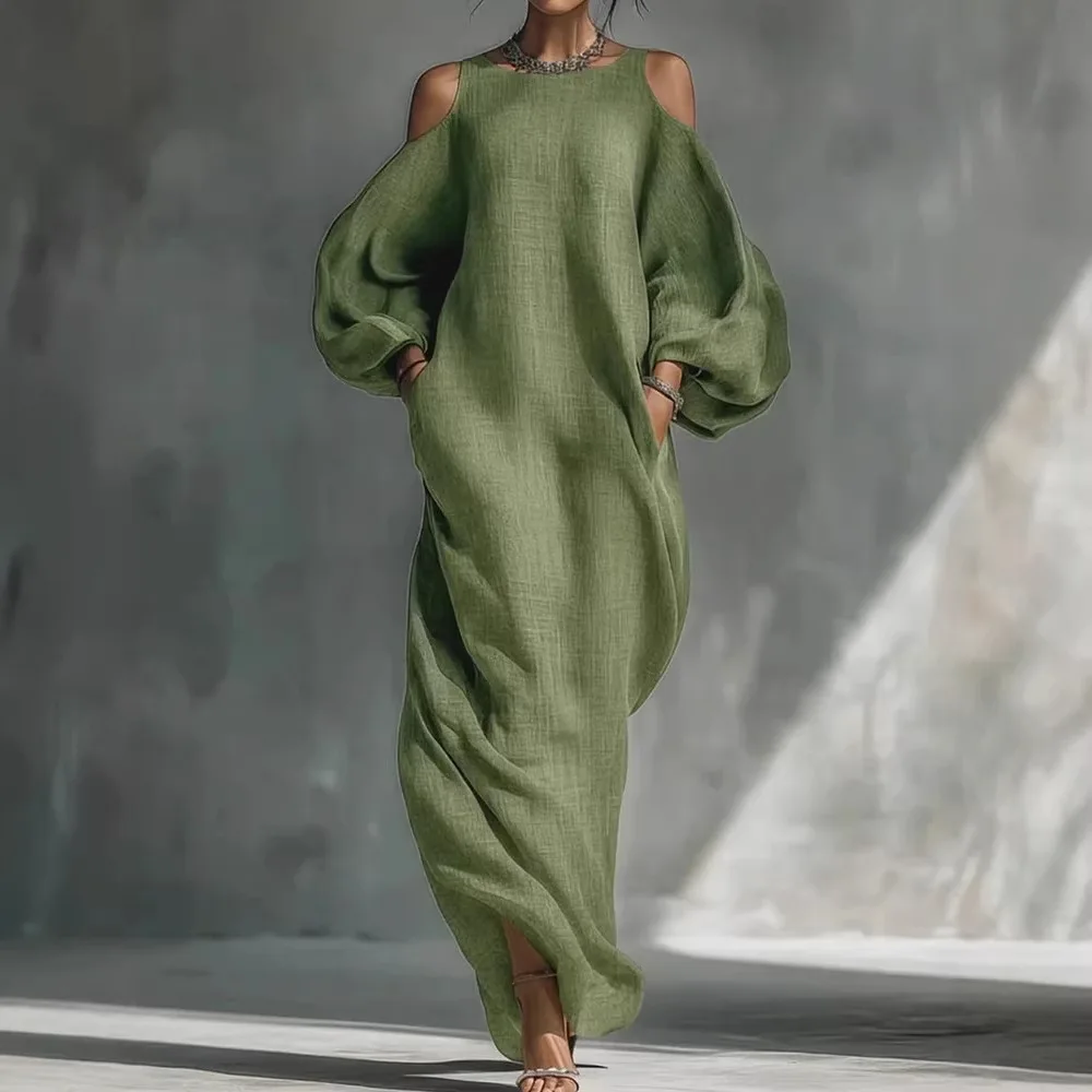 

Retro Maxi Dresses Casual Solid Color Loose Women's New Off Shoulder Party Robe Long Sleeve Pocket Bohemian Style Vestidos