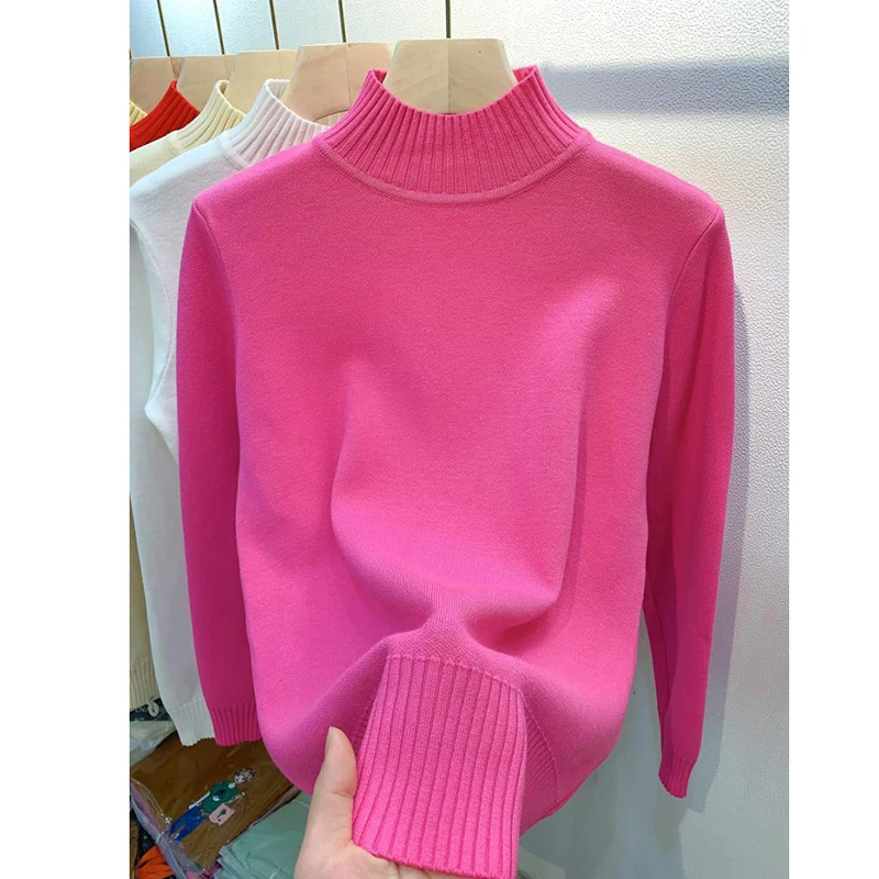 Casual Basic Sweater Women Solid Mock Neck Knitted Pullover Oversized Long Sleeve Knitwear Top All Match Autumn Winter Jumper