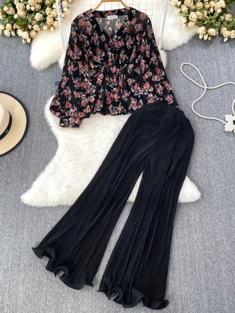 

Women Elegant Casual Trousers Suit Vintage Loose V-Neck Print Tops High Waist Wide-Leg Pants Two Pieces Set Holiday Clothes New