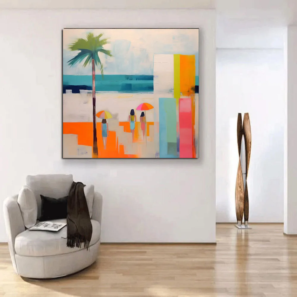 Handmade Painting Beach Days Wall Art Oil Painting Midcentury Coastal On Canvas Color Block Abstract Coastal Paining Art