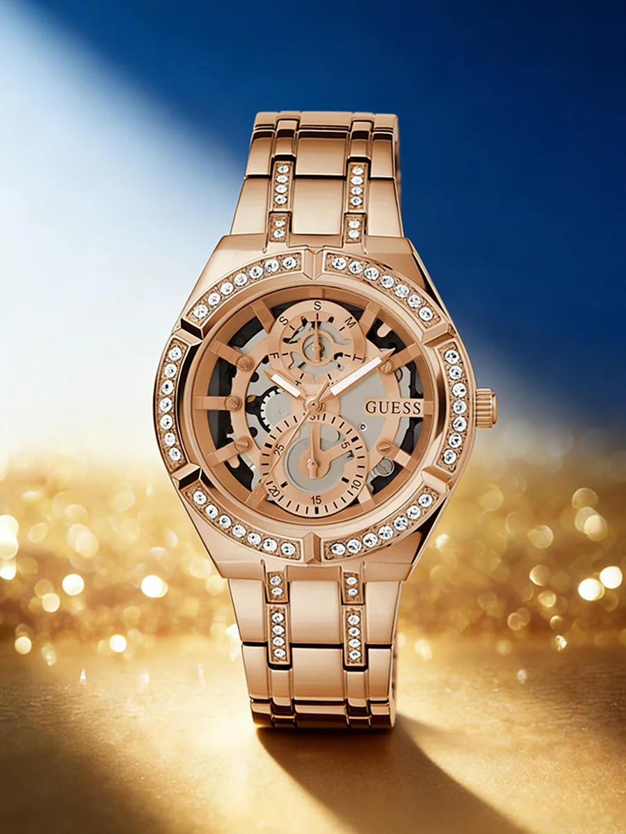 Reloj de Cuarzo GUESS para Mujer con Bisel de Cristal, Correa de Acero Inoxidable en Oro Rosa, Elegante Reloj de Vestir para Oficina, Fiesta, Uso Diario, Regalo
