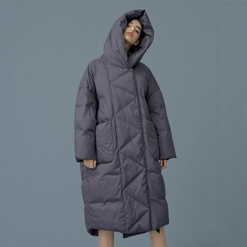 Women Waterproof Down Jackets Hooded Windproof Thick Coats Large Size White Duck Trend Over The Knee Keep Warm Slit Loose Solid