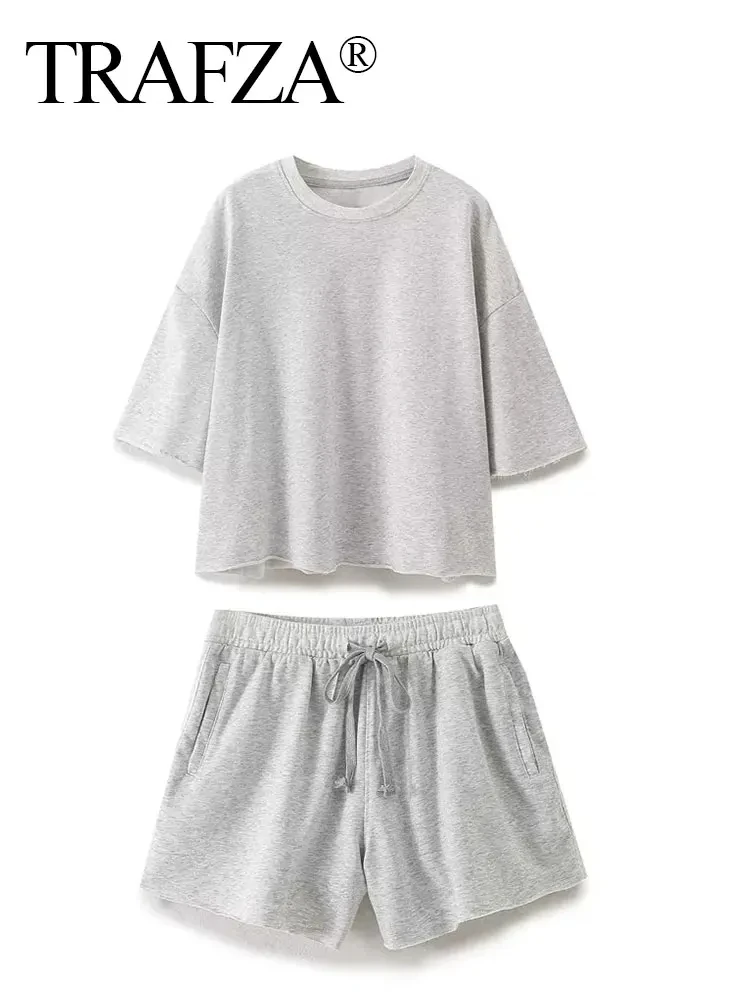 TRAFZA Summer Shorts Set Solid Casual O-neck Short Sleeves Top Loose T-shirt Pajamas Female Basic Drawstring Shorts Pockets