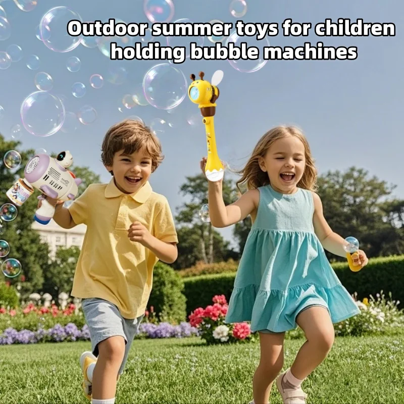 Children Play with Bubble Guns, Fans, Bees, Astronauts, Super Large Seven-Color Bubble Machines, and Handheld Multi-Hole Toys in Summer