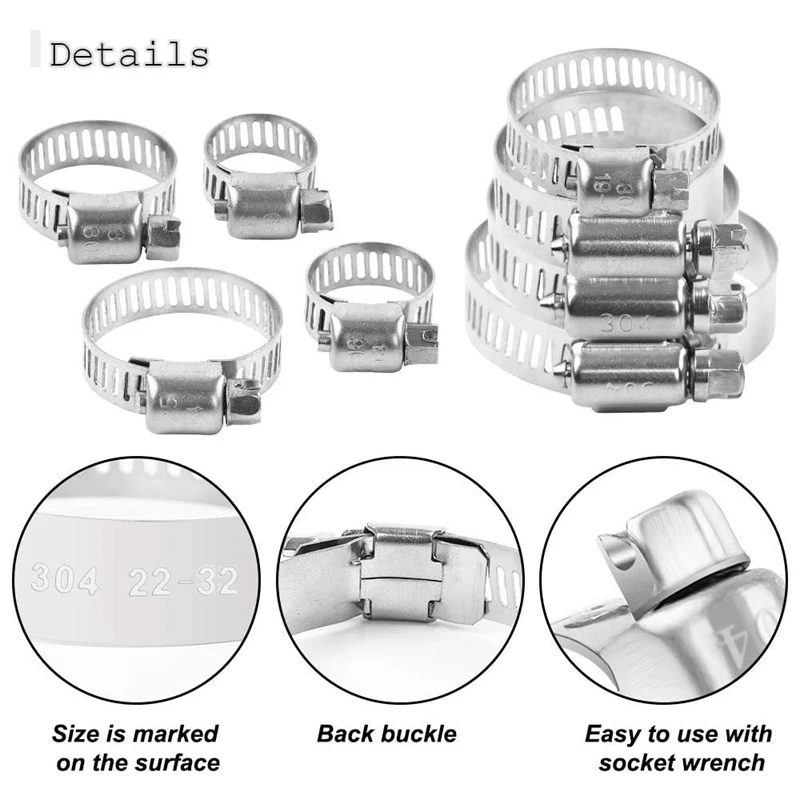 120-Piece Hose Clamp Set, 8-38 Mm Pipe Clamps Made Of 201 Stainless Steel, 7 Sizes Hose Clamps, Hose Ties, For Pipes