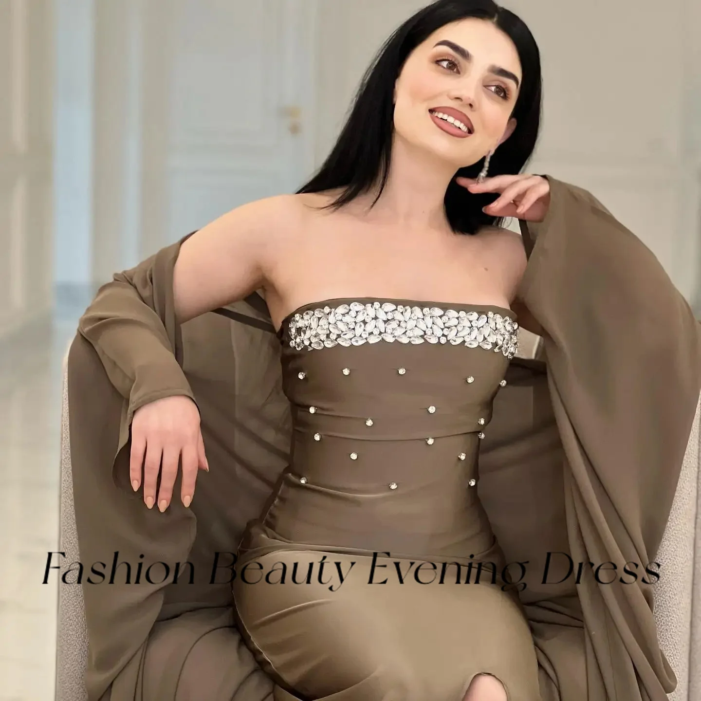 Moda bellezza abiti da sera marroni lsenza spalline in Chiffon di cristallo alla caviglia vestito a occasioni per le donne 2024 vestidos de fiesta