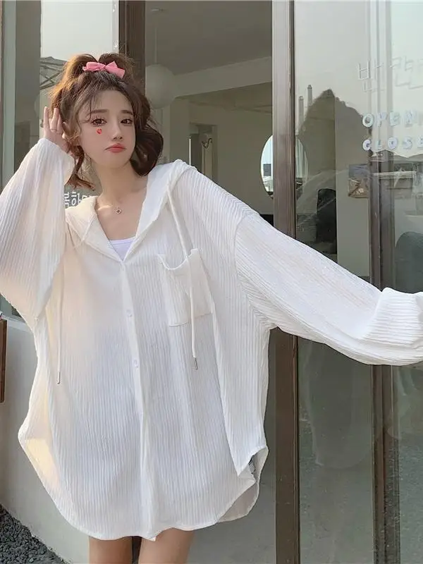 White Sun Protection Shirt Thin Ice Silk Loose Long Sleeve Hooded Top Women's Air Conditioning Shirt Transparent Outerwear Su...