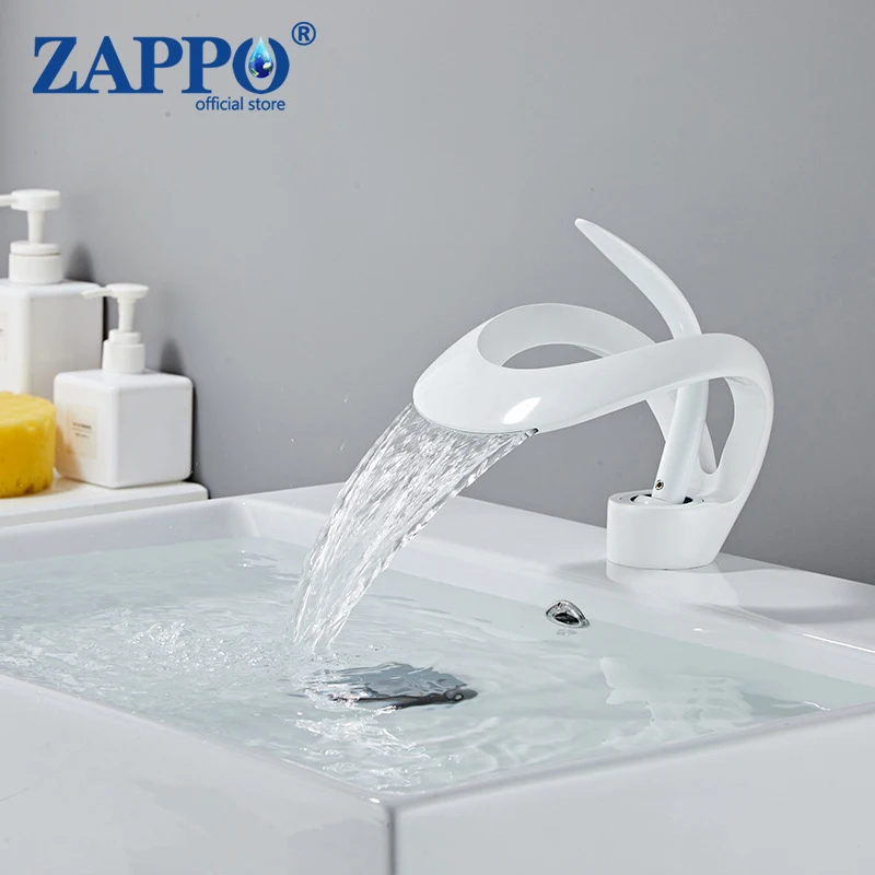 

ZAPPO Creative Bathroom Basin Faucet White Black Waterfall Vessel Sink Faucets Brass Vanity Sink Mixer Tap Hot Cold Water Crane