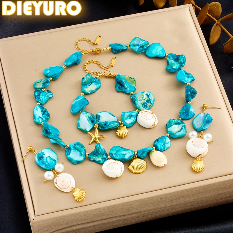 

DIEYURO 316L Stainless Steel Blue Stone Pearl Conch Necklace Bracelet Earrings Set Lady New Fashion Waterproof Jewelry Gift Set