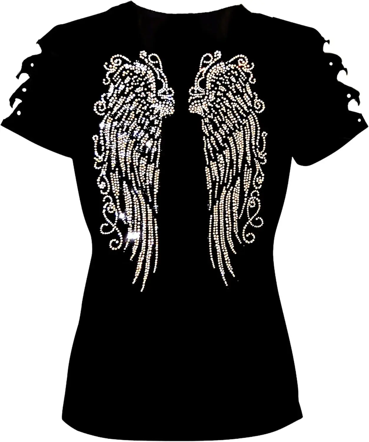 สตรีเสื้อยาว Angel Wings Bling Rhinestones Ripped Cut Out,Sassy น่ารักเซ็กซี่กราฟิกฤดูร้อนเสื้อยืด,สั้น
