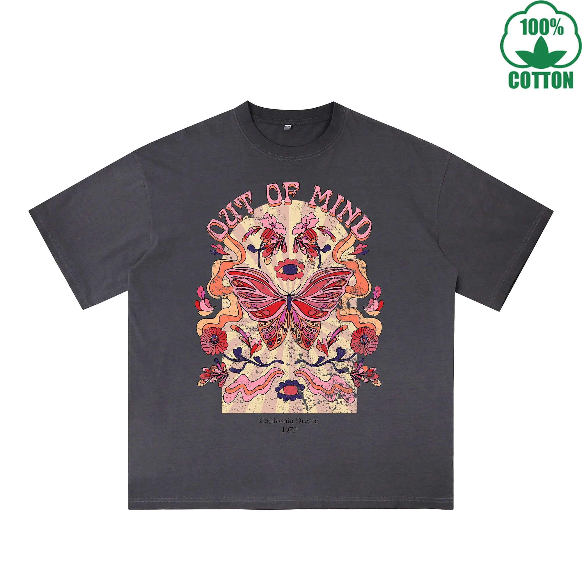 

Brilliant Butterfly Printed Dirty WashT-Shirt 230G Multicolor Loose Trendy Fashionable 100%Cotton Short Sleeve Top