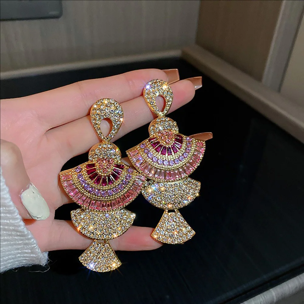 

Steel Needle Fan-shaped Earrings Fashionable Heavy Industry Colored Zircon Niche High-end Jewelry For Women