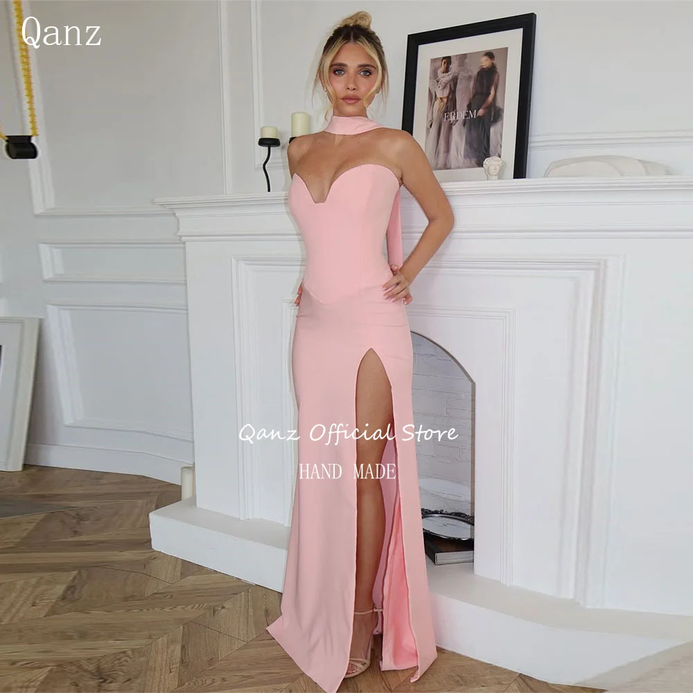 

Qanz Elegant Women Prom Dress High Side Slit Sweetheart Evening Gowns Mermaid Satin Ribbon Wedding Guest Dresses Customized