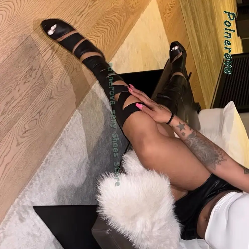 

Ankle Strap Platform Sexy Gladiator Peep Toe Stiletto Black Cut Out Zipper Closure Women Knee High Boots Spicy Girl Party Shoes