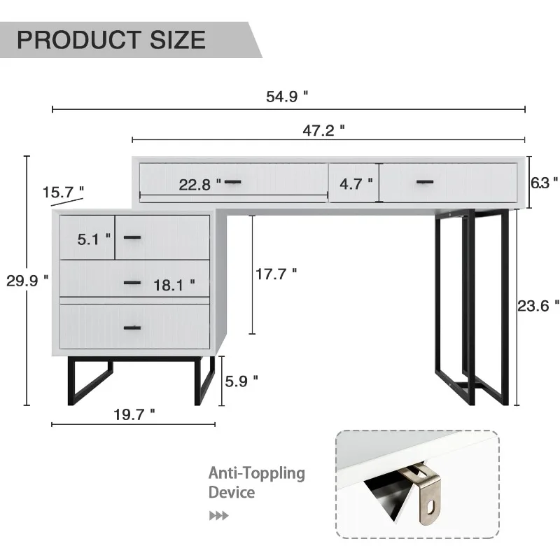 Large White Makeup Vanity Desk with 3-Color Touch Screen Lighted Mirror, Large Modern 5 Drawers Makeup Vanity Table