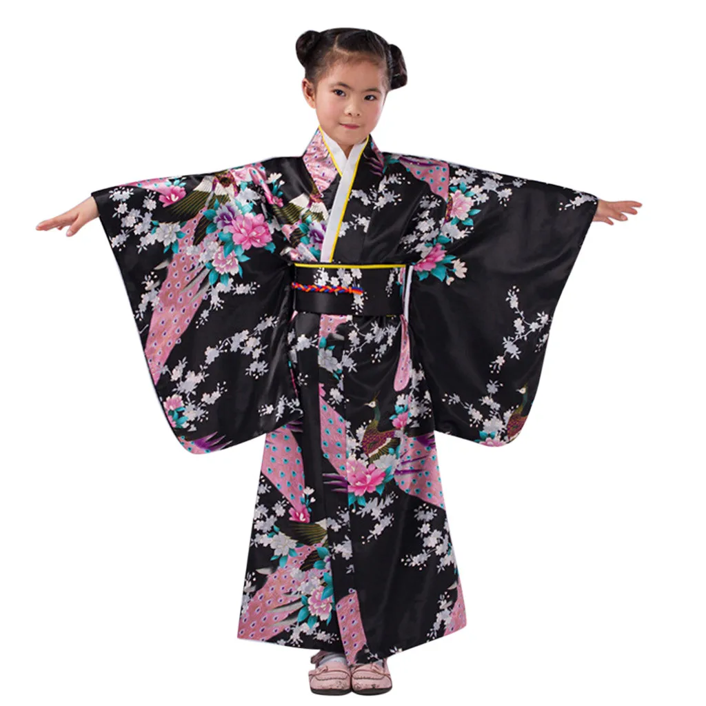 4-10 Year Loose Style Japanese Satin Peacock Print Dress Toddler Kids Baby Girls Outfits Clothes Kimono Robe Traditional Costume