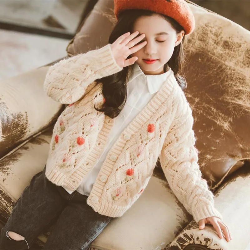 2022 Spring Autumn Girls Fashion Flower Sweaters Baby Kids Children Knitting Cardigan Three Colors