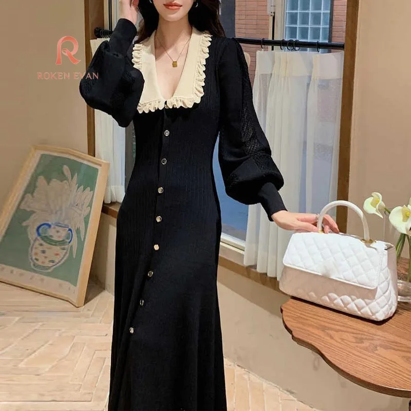 

ROKEN EVAN 2024 Autumn French gentle style o collar tea break long dress Women's small fragrant puffed sleeve black knit dress