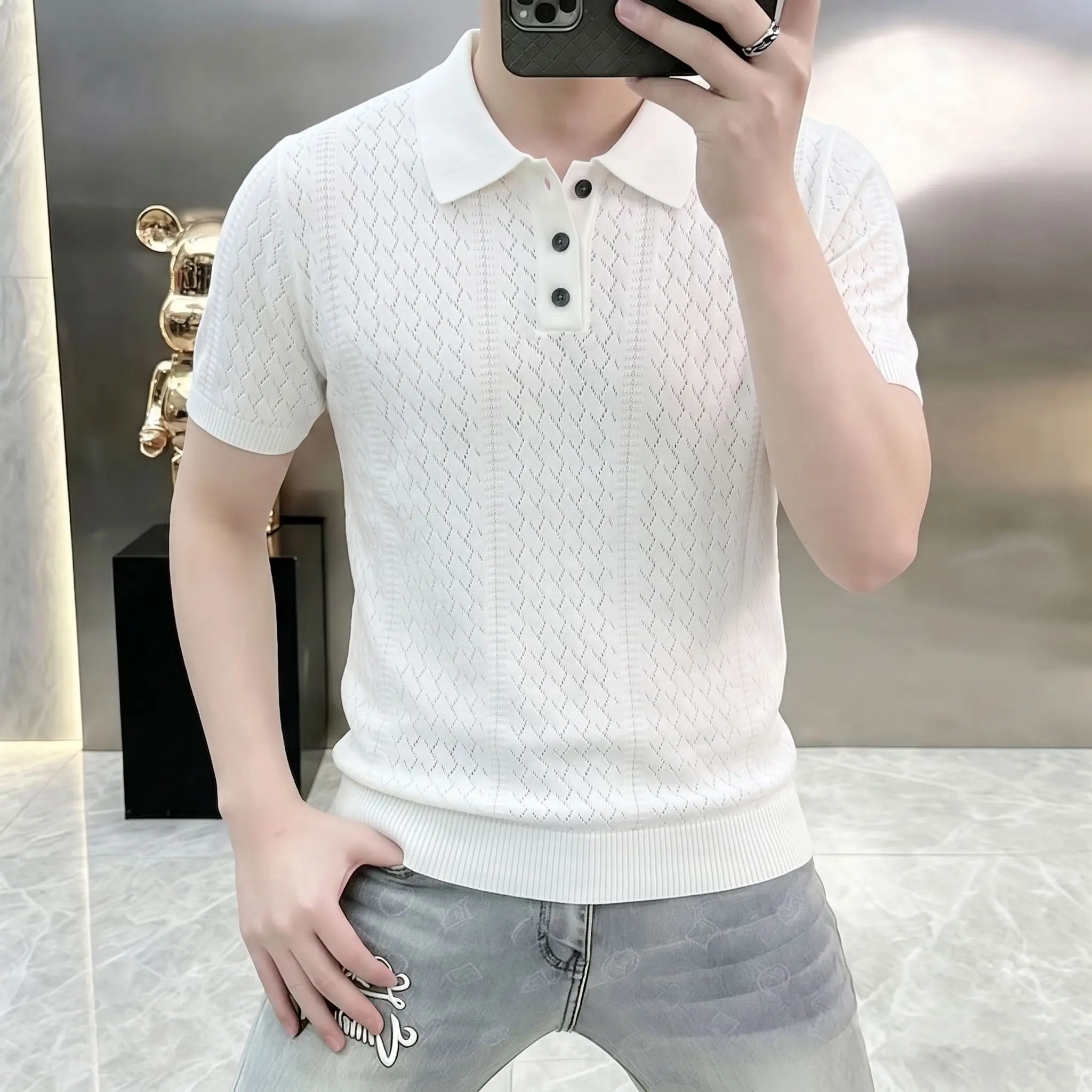 

2026 Summer New Style Men's Collarless Polo Shirt - Breathable Coolness Mesh Openwork Pattern Knitted Short Sleeve