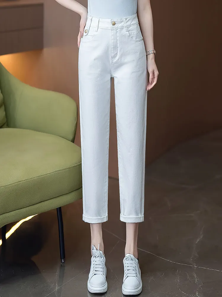 

White High Waist Summer Thin Denim Jeans Women Loose Straight Leg Pants Korean Style Casual Cotton Blend Eighteen Shorts