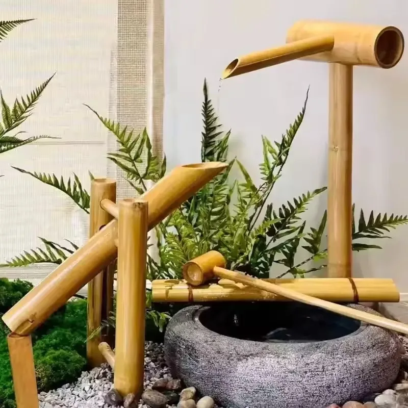 Flow ornament bowl Japanese bamboo stone trough fish tank bamboo water pump landscaping view circulating water