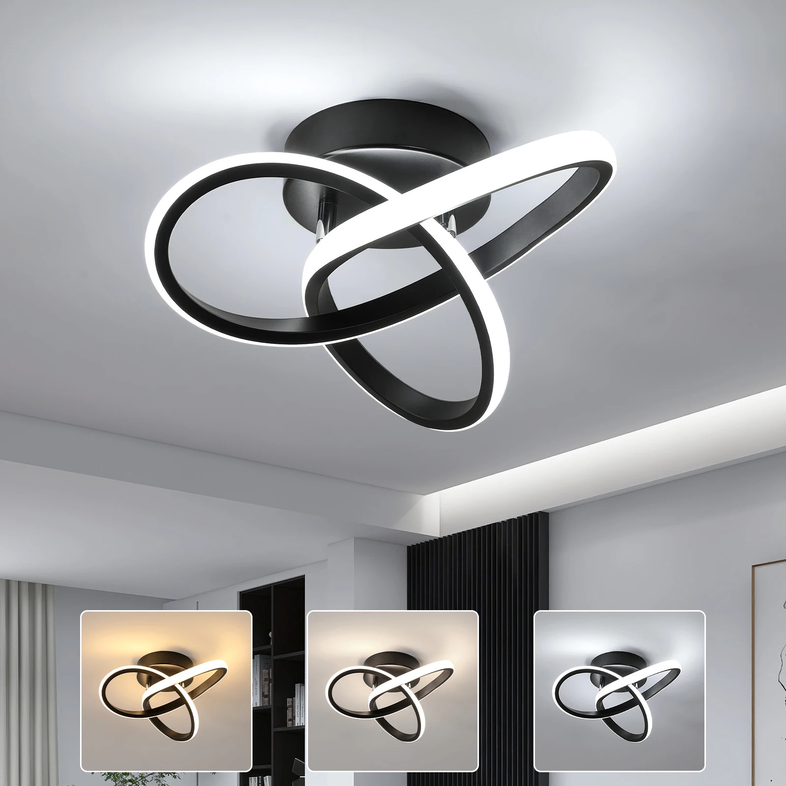 LED Ceiling Light, Modern LED Ceiling Light, Dimmable 3 Color (3000K/4500K/6000K) Small Black Semi Flush Mount Ceiling Light Fix