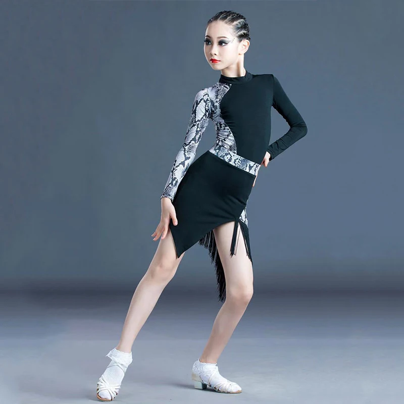 ชุดเต้นลาตินสำหรับเด็กผู้หญิง แขนยาว ลายเสือดาว ชุดเต้นชาช่า รุมบ้า แทงโก้ แซมบ้า ชุดแสดงบนเวทีสำหรับเด็ก
