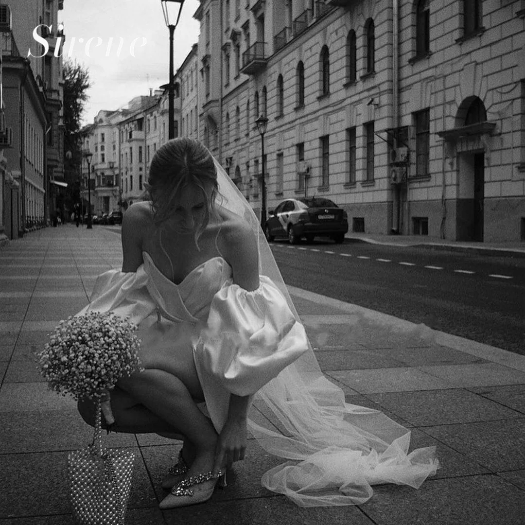 

Customized Simple Elegant Wedding Dress For Woman Strapless Mini Skirt Lantern Sleeves Beach Bridal Gown Satin Vestido de 2025