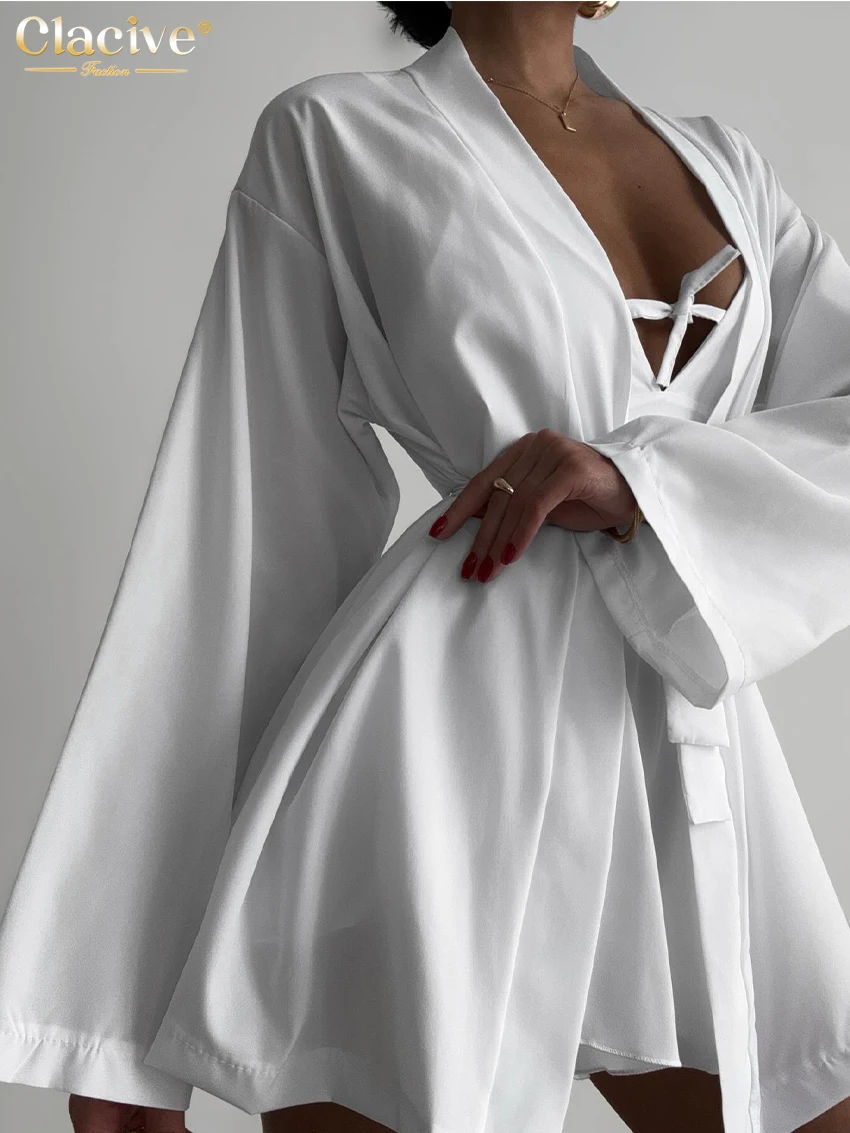 Clacive Sexy Loose White Satin 3 Piece Sets Women Outfit 2024 Fashion Long Sleeve Lace-Up Robes + Bra High Waist Shorts Set