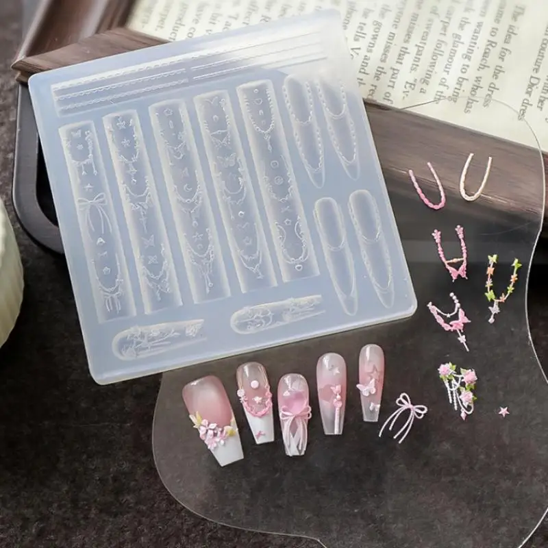 Moule pour Nail Art à faire soi-même, sculpture 3D, fleur incurvée, chaîne de perles, modèle en Silicone hautement Transparent, décorations de manucure, bricolage