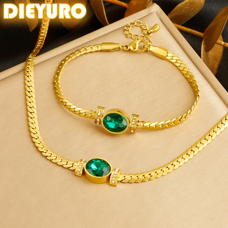 

DIEYURO 316L Stainless Retro Green Ellipse Zircon Necklace Bracelet Suit For Women Girl 2024 New TrendNon-fading jewelry Set