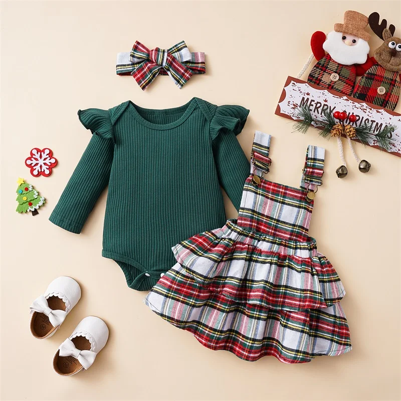 Infant Newborn Baby Girls Christmas Outfit Ruffle Long Sleeve Ribbed Crew Neck Bodysuit Plaid Suspender Skirt Headband 3Pcs