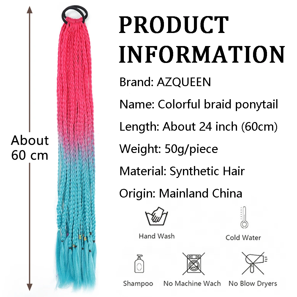 Synthetic Colorful Braided Ponytail 24Inch Dirty Braids Hair Extensions Wear In Pony Tail And Chignon With Rubber Band For Kids