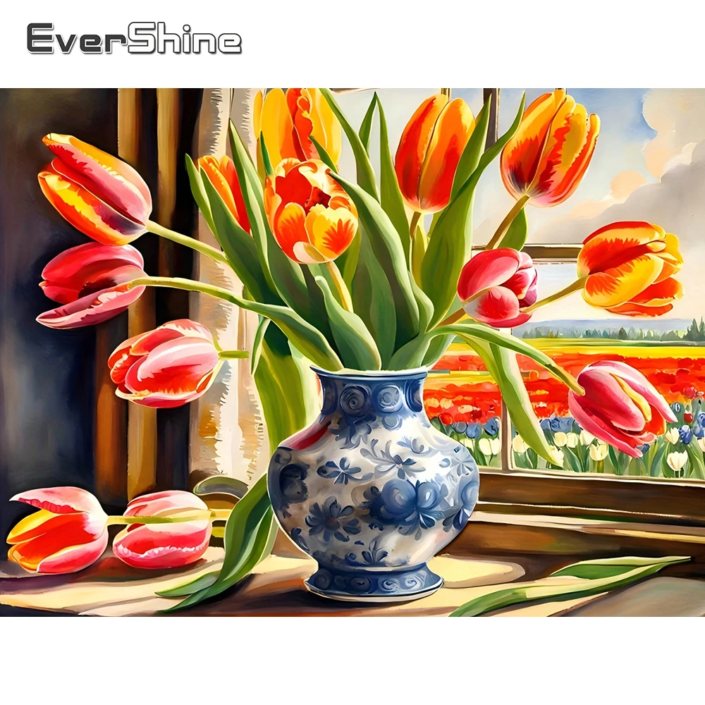 EverShine Diamant-Gemälde mit Blumenmotiv, Strass-Stickerei, Tulpe, quadratische Stickerei, Fenstervase, Heimdekoration