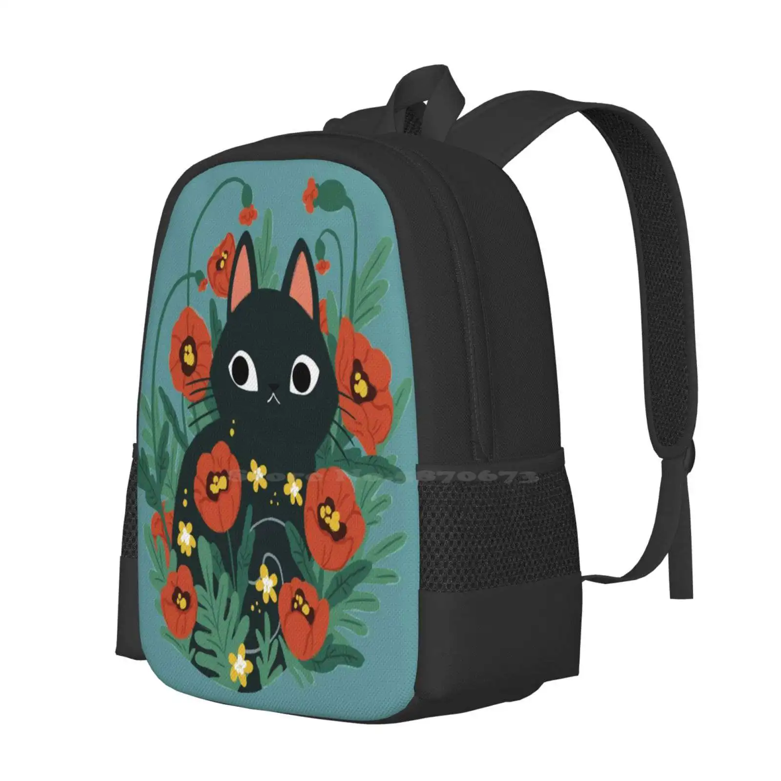 Cat In Poppy Flowers Bag Backpack For Men Women Girls Teenage Black Cat Catflowers Daisy Garden Folkcat Love Crazy Cat Lady