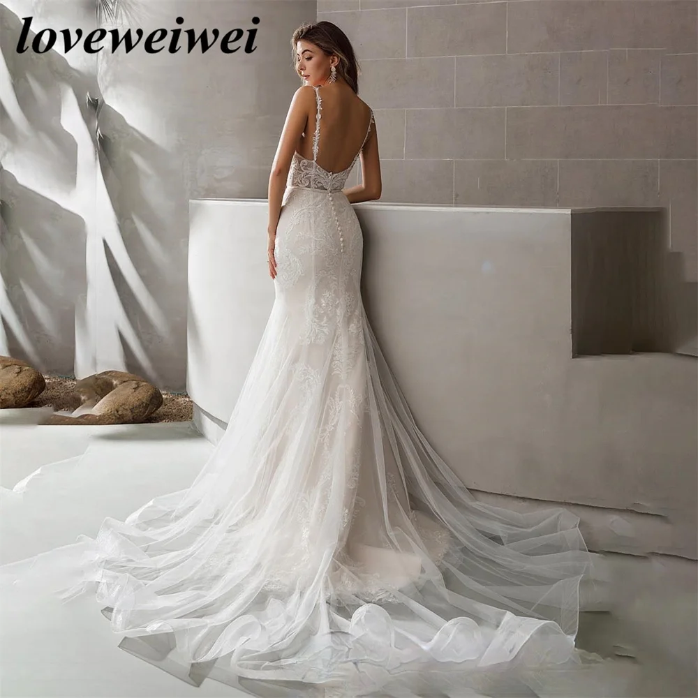 Vestido De Novia con escote en V y tirantes finos, apliques De encaje, espalda abierta, cola De barrido, sirena