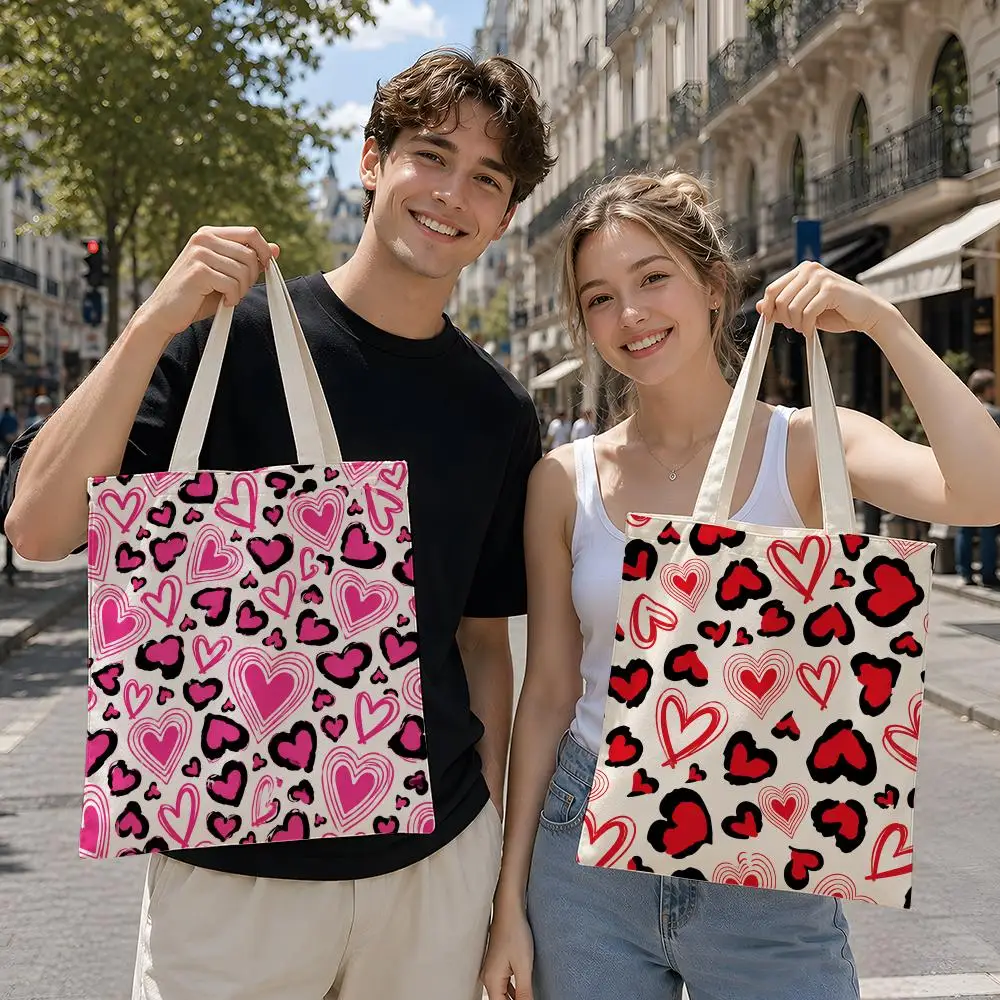 Pattern Retro C-Colorful Doodle Hearts Storage Bags Reusable Canvas Tote Suitable for School Class Commuting Shopping as Gifts
