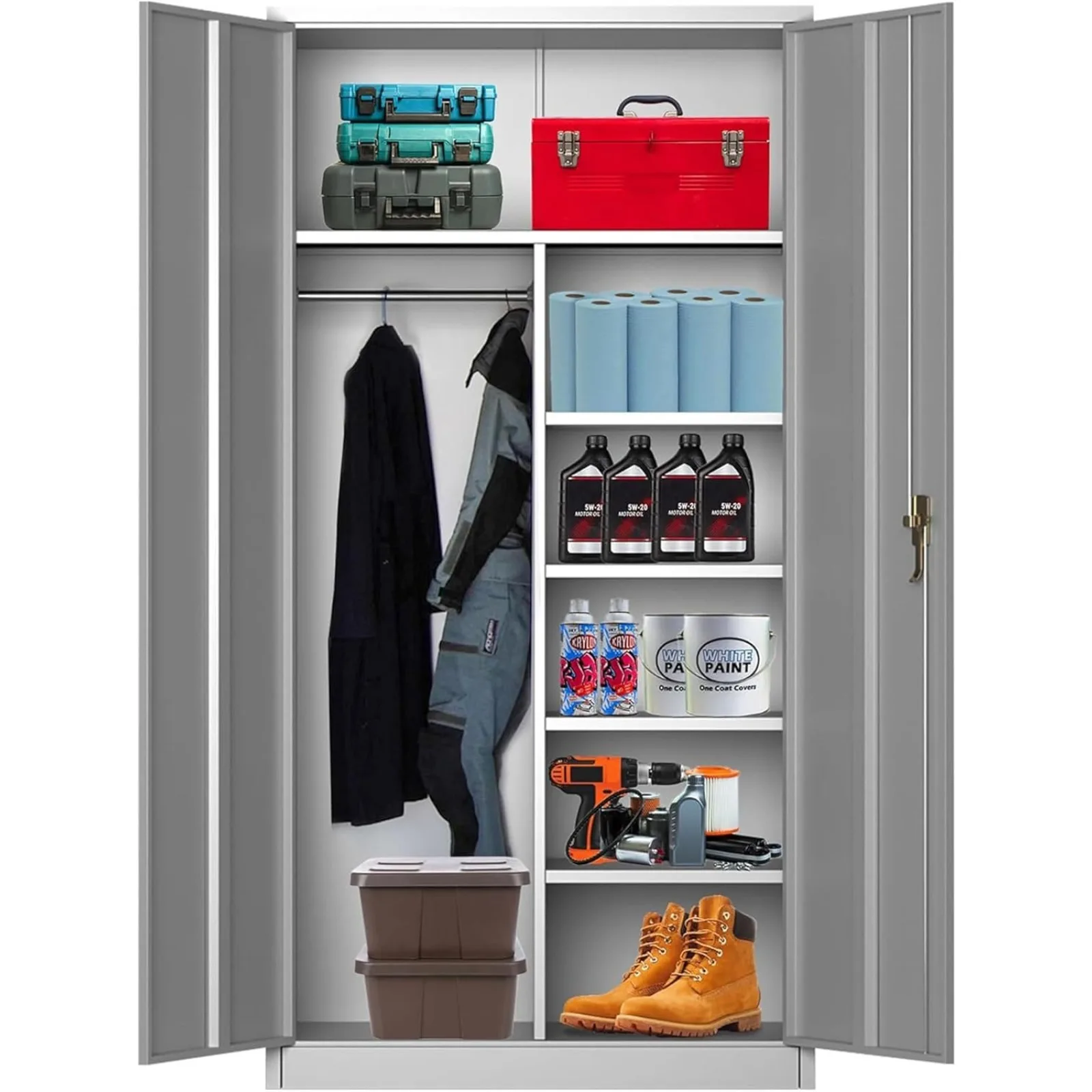 

US Large Metal Wardrobe Style Storage Cabinet with 3 Adjustable Shelves, Cloth Rail, and Lockable Doors for Home Organization