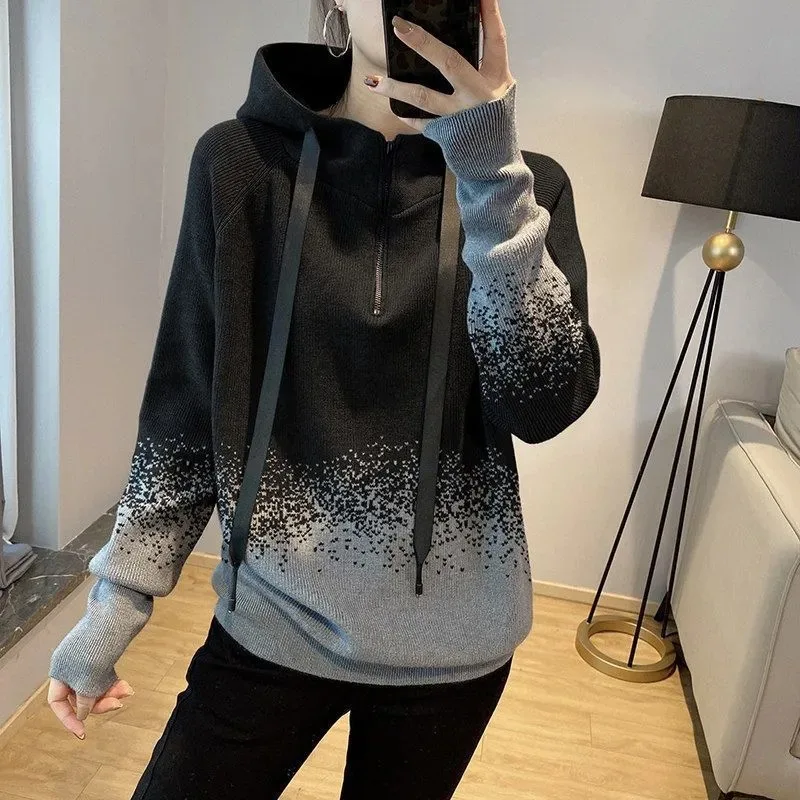 Women's Autumn Winter Gradient Color Hooded Sweatshirt Loose Patchwork Long Sleeve Knitted Age-Reducing Top