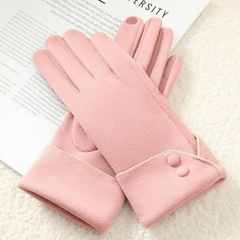 Vintage Thickened Women Suede Gloves Plush Full Finger Touch Screen Gloves Keep Warm Windproof Winter Mittens Sports