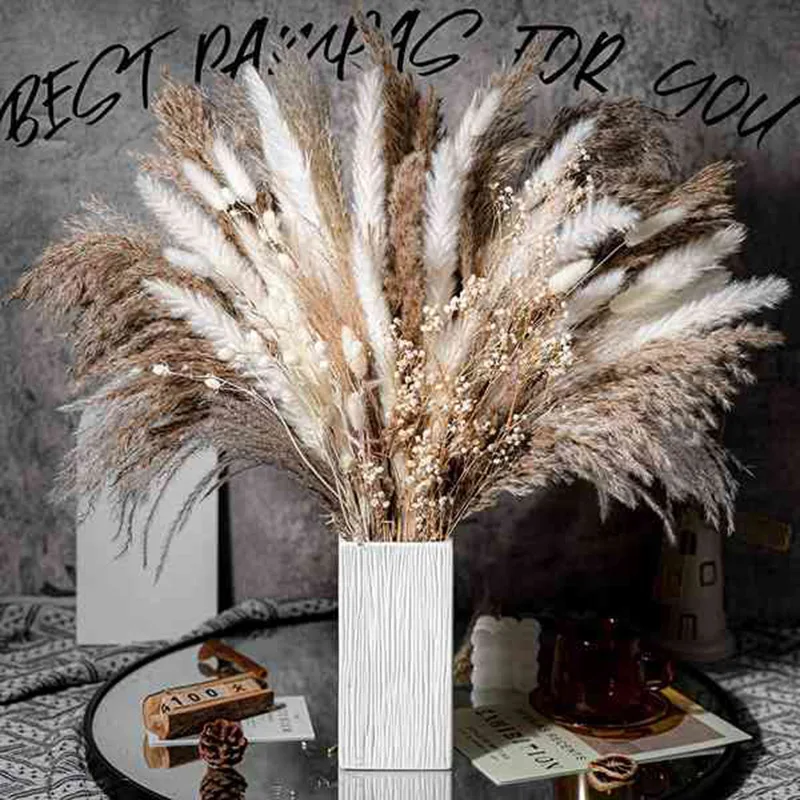 

100PCS Dired Pampas Grass Boho Decor, 17‘’ Natural Flowers Bouquet for Wall Art, Home Decor, Rustic Farmhouse & Wedding Table