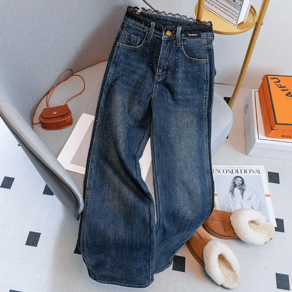 

Винтажные кружевные джинсовые брюки со стразами, женские корейские лоскутные широкие джинсы с высокой талией, модные повседневные прямые брюки с пряжкой