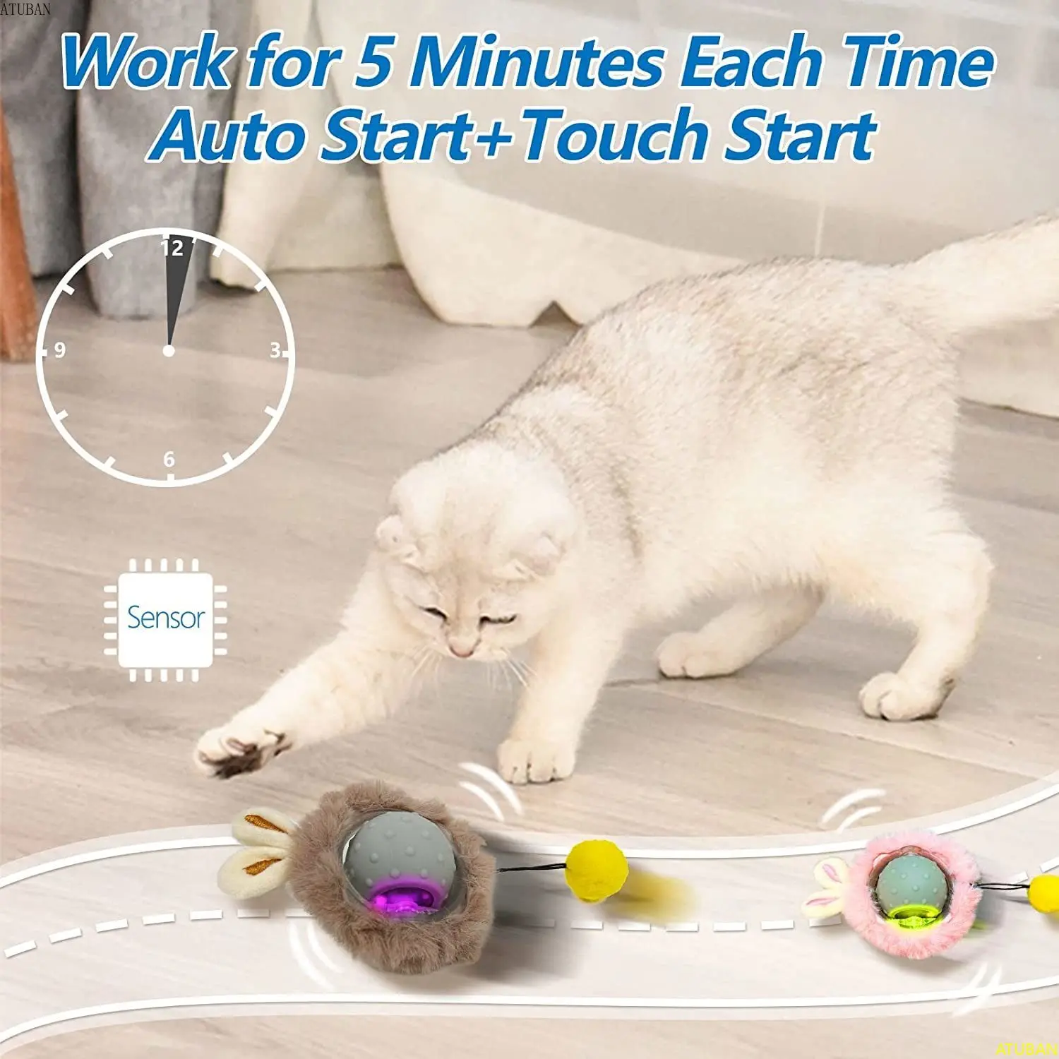 ATUBAN Rabbit Ear Cat Toy Ball Smart Interactive Cat Toys with Bird Sound Light Motion Activate Rolling Ball Electric Cats Toy