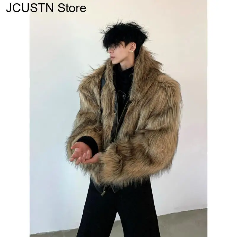 Men Faux Fur Jacket Coat Pu Leather 2025 Winter Thick Warm Outerwear Spliced Hooded Zipper Pockets Vintage High Street Overcoat