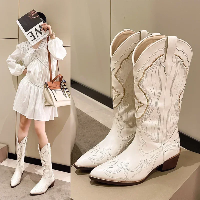 Damskie haftowane zachodnie buty do połowy łydki kowbojskie buty na kwadratowym obcasie buty ze szpiczastym noskiem buty na platformie damskie buty zachodnie Plus Size42