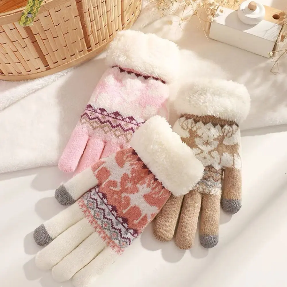 크리스마스 순록 방풍 장갑, 여성용 장갑, 자카드 커프, 니트 풀 핑거 스키 장갑, 두꺼운 터치스크린 장갑