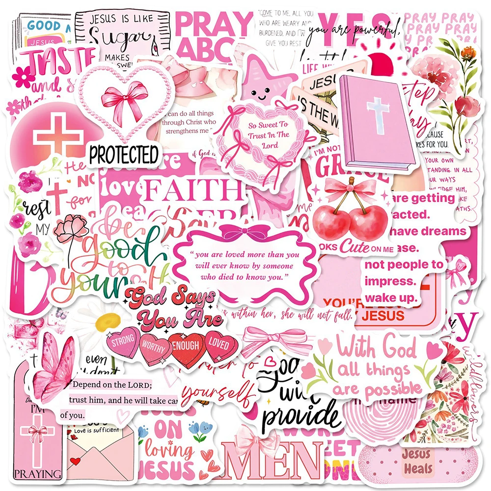 10/30/50pcs Pink Jesus Phrase Cartoon Stickers Inspirational Quote Decals DIY Notebook Luggage Journal Motivational Text Sticker