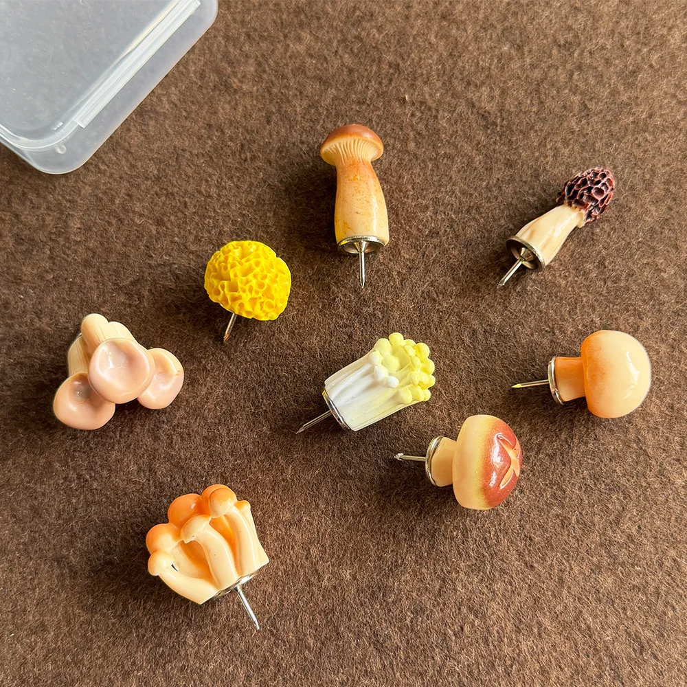 Simulated Mushroom-Shaped Push Pins, Creative Resin Decorative Push Pins, Push Pins for Cork Board Photo Walls and Message Boards, 8 Different Mushroom Designs, Decorative Push Pins for Office and Home Decor