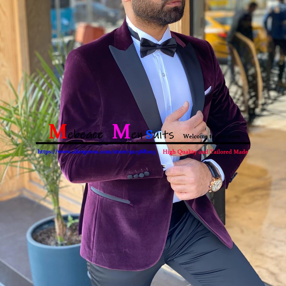 2 Pieces Men Suit Navy Blue Velour Single Breasted Casual Suits Customized Male Party Suits Coat+Pant Slim Wedding Suit For Men